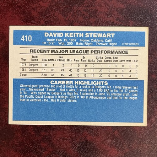 1982 Donruss Set DAVE STEWART ROOKIE 410 LOS ANGELES DODGERS NM/MINT *HIGH GRADE - Bild 2 von 2