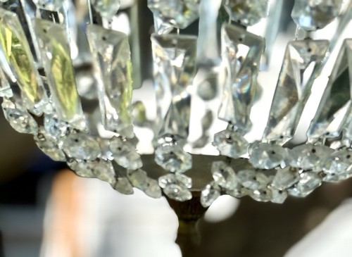 Antique French Empire Crystal Beads Basket Chandelier Hanging Lamp Brass 1920s - Picture 10 of 20