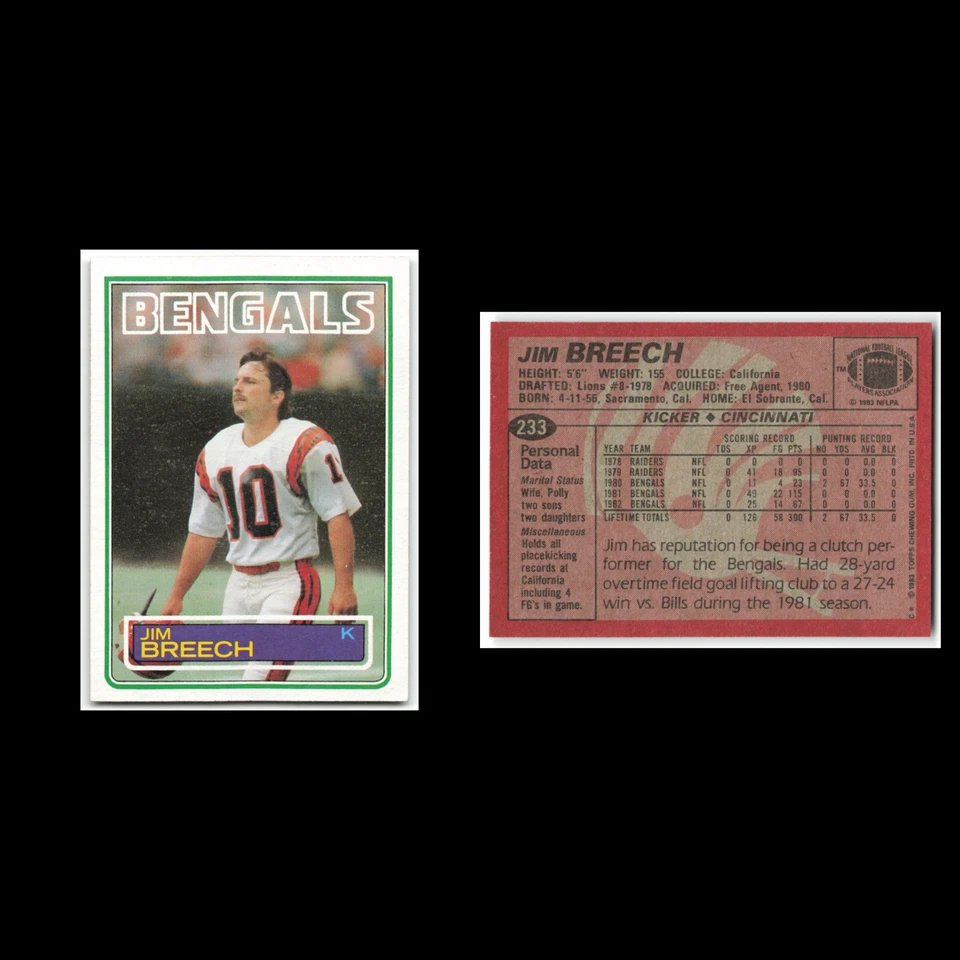 Jim Breech #233 1983 Topps Cincinnati Bengals Football Card NFL NM - Image 3 of 3