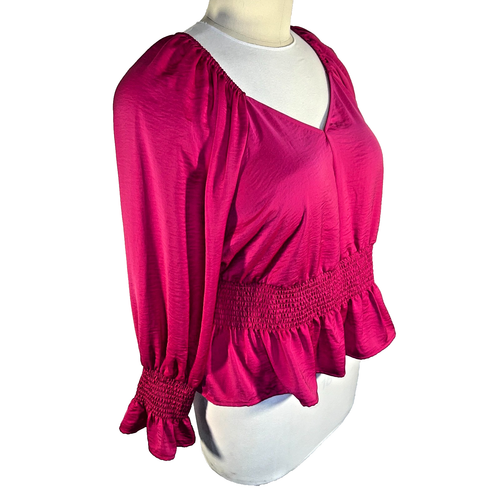 INC - Peasant Blouse Women's XL V-Neck Long Sleeve Hot Pink Satin Gathered Drop - Picture 3 of 13