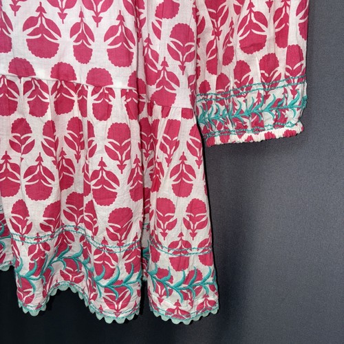 Abito babydoll tunica Mer St. Barth Clara rosa medio stampa blocco ricamo teal - Foto 5 di 18