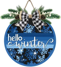Hello Winter Blue Snowflake Front Door Sign, Seasonal Wood Door Hanger Outdoor O