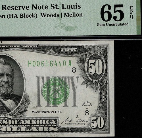 1928A $50 Federal Reserve Note St. Louis PMG 65 EPQ Gem Unc H00656440A (CFE) - Picture 2 of 4