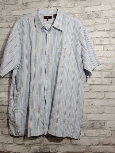 Toscano Men 2XL 100% Linen Short Sleeve Button Down Shirt Lt Blue Verticle Lines - Picture 6 of 10
