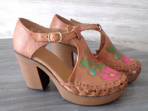 Huaraches pelle punta chiusa plateau tacco a blocco floreale taglia 24 = 7,5 boho nuovo - Foto 3 di 14