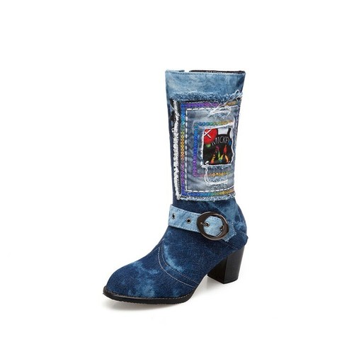 Ladies Mid Calf Boots Block Mid Heels Buckle Side Zipper Up Women's Denim Shoes - Picture 13 of 17
