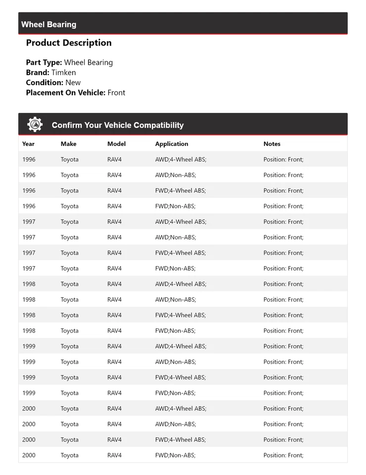 Cojinete de rueda delantero Timken 1997 1998 1999 para Toyota RAV4 1996-2000 Foto 2 de 4