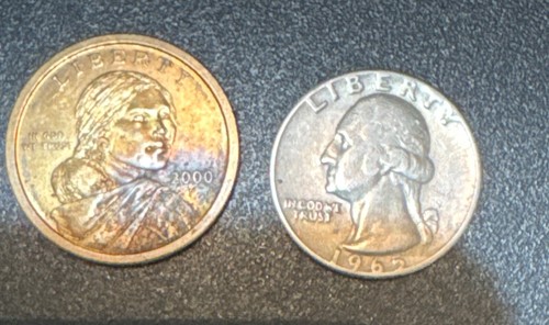 1943 steel penny ,1944 wheat penny,and 1977 copper penny,1965 and 1967 Quarter, - Picture 3 of 4