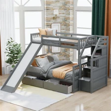 Twin over Full Bunk Bed with Drawers ,Storage Staircase & Slide for Bedroom-Gray