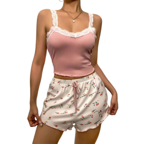 2pcs Women Lace Sleeveless Tank Tops Floral Shorts Set Outfits Pajamas Sleepwear - Picture 10 of 26