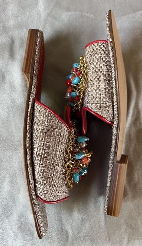 Elina Linardaki Handcrafted Raffia Leather Crystal Ocean Beach Slides Sz 38 NWOB - Picture 3 of 9
