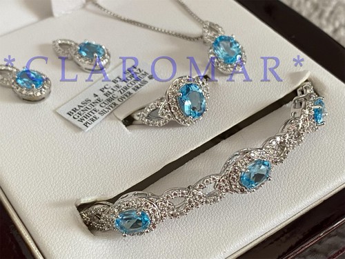 ☀️ NEW Blue Topaz 4 piece set Earrings, Bracelet, Necklace, Ring Christmas Gift - Picture 8 of 10