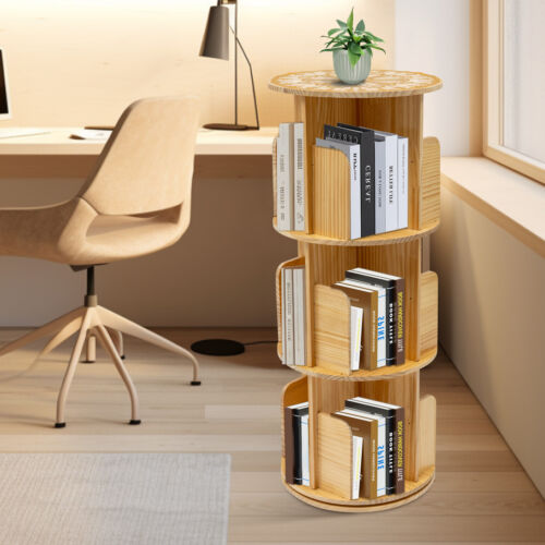 3 Tier Rotating Bookshelf 360°Solid Wood Spinning Bookshelf Revolving Bookcase - Picture 16 of 24