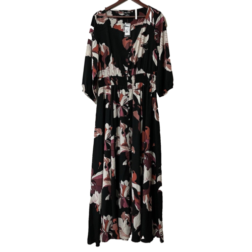 City Chic V Neck 3/4 Sleeve Amber Floral Button Front Maxi Dress NWT SZ 16