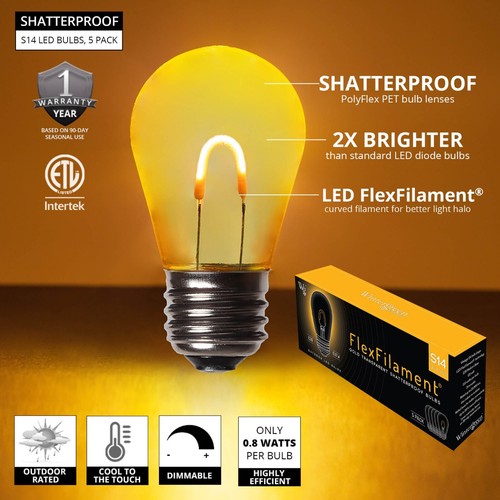 S14 LED Shatterproof Edison Filament Patio Light Bulbs E26, 5 Pack, 8 Colors - Picture 24 of 25