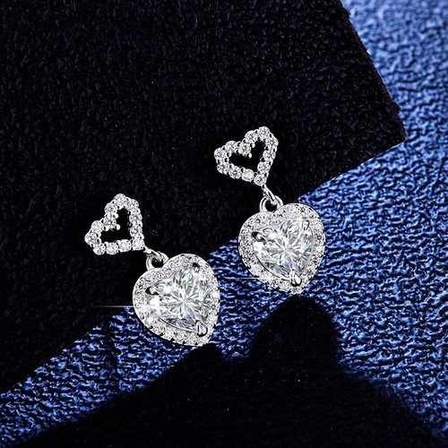2cttw Heart Cut Moissanite Dangle Drop Earrings for Women 925 Sterling Silver - Picture 3 of 11