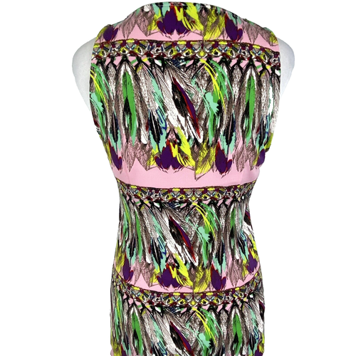 Vestido Hale Bob Rosa Estampado Plumas Mujer Pequeño Sin Mangas Cambio Cuello en V Ceñido - Imagen 4 de 9