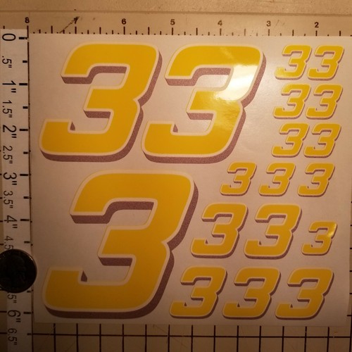 Yellow w/white & lavender  #3's  Racing Numbers Vinyl Decal Sheet 1/10-1/12  - Picture 1 of 11