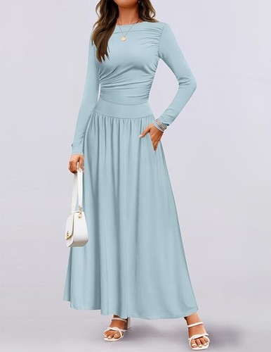 ZESICA Women's Medium Blue Long Sleeve Maxi Dress Knit Swing Pockets NWT New - Picture 3 of 9