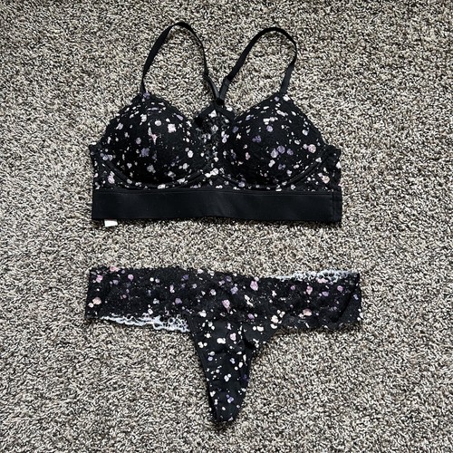 Victoria’s Secret Lace Bralette thong Panty Set Black Watercolor Paint Splatter