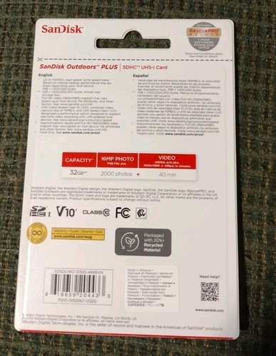 Trail Camera Card 32GB SanDisk® Outdoors Plus High-Definition Waterproof - Picture 2 of 2