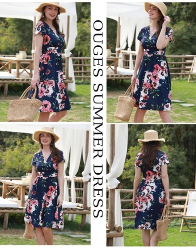 Womens Summer Short Sleeve Floral V-Neck, Short Party Dress With Pockets, Small - Picture 3 of 8