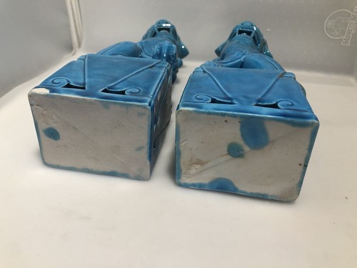 Pair Vintage Blue Turquoise Glazed Porcelain Fu Foo Dog Lion Statues 10” Tall - Picture 8 of 10
