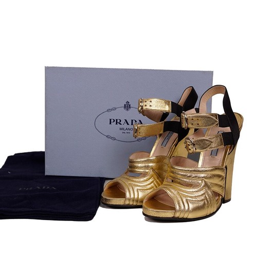 40 US 9.5 NEW $1100 PRADA Vintage 2013 RUNWAY Gold Leather CHUNKY Open Toe HEELS - Picture 14 of 16