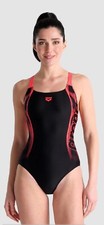 Image of Arena Womens Swimpro Back Graphic Print In Black/Red Size 30 UK 8 BNWT