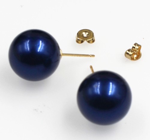 Huge 14 mm Round White/Blue Shell Pearl Earrings 18KGP - Picture 2 of 9