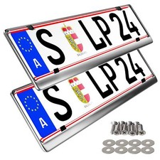 Zwei polierte Edelstahl Kennzeichenhalterungen für Kennzeichen aus Österreich