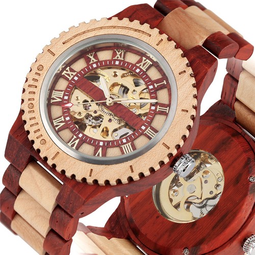 Handmade Natural Wood Men's Automatic Mechanical Wrist Watch Arabic Number reloj - Picture 3 of 16