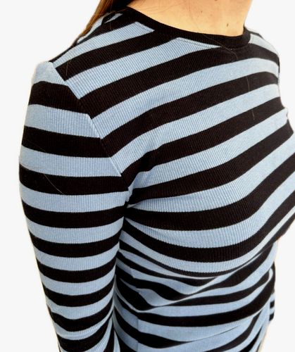 Ladies Marks Ribbed Striped Top Crew Neck Cotton Long Sleeve Navy Fitted Rib NEW - Picture 6 of 9
