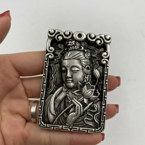 Old Chinese tibetan silver Pendant handcarved Guanyin Buddha lucky Pendant - Bild 3 von 8