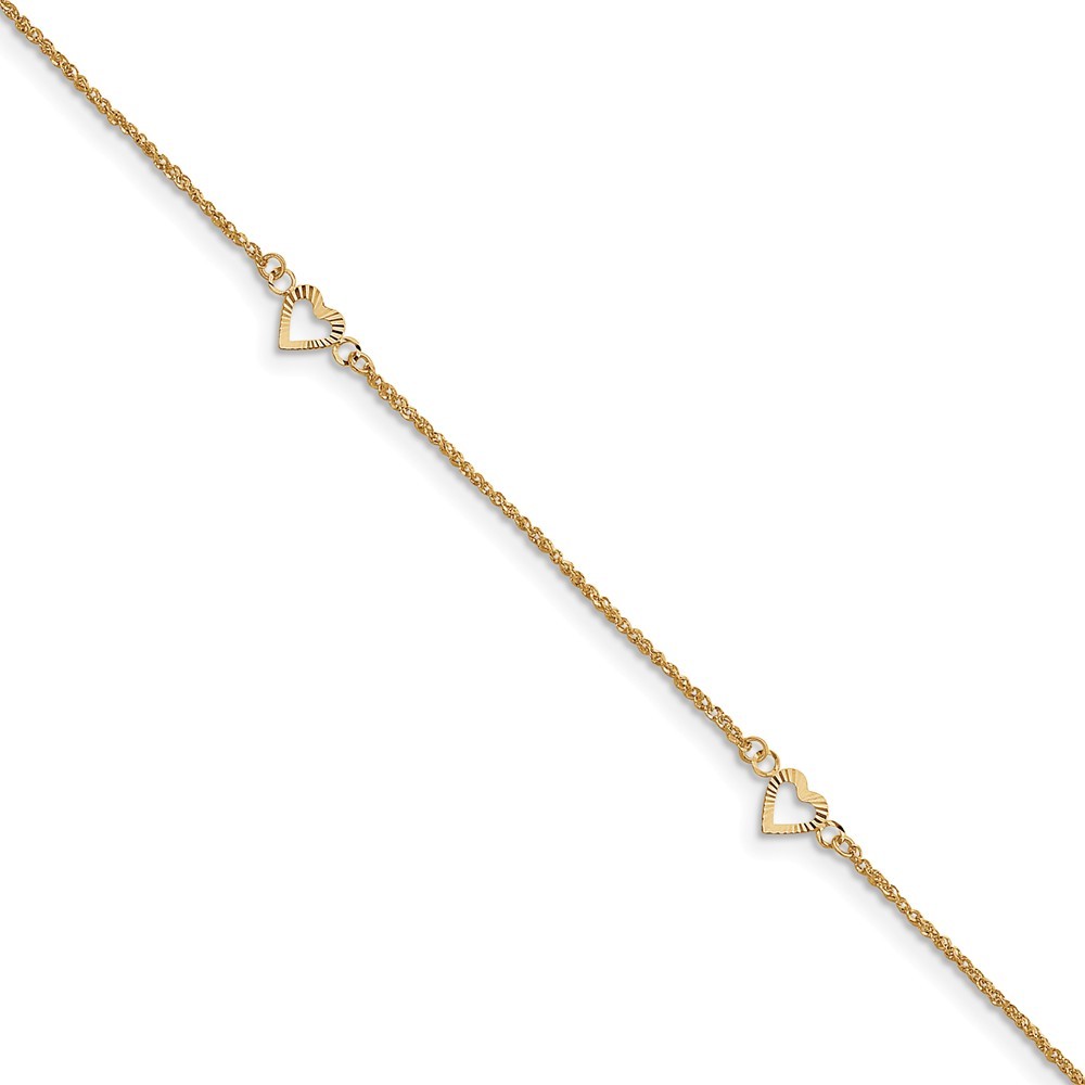 14kt Yellow gold Diamond-cut Hearts with 9in 1in ext Anklet; 10 inch 14kt Yellow gold Diamond-cut Hearts with 9in 1in ext Anklet; 10 inch