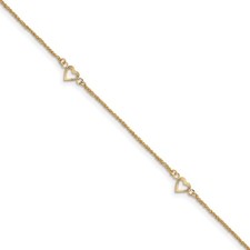 Real 14kt Yellow Gold Diamond-cut Hearts 9in Plus 1in ext Anklet; 9 inch