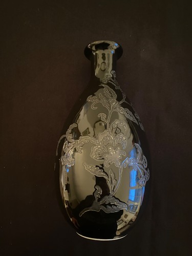 VTG Vase Black Ceramic Etched Silver Floral Design 11.5”X6.5” - Picture 3 of 14
