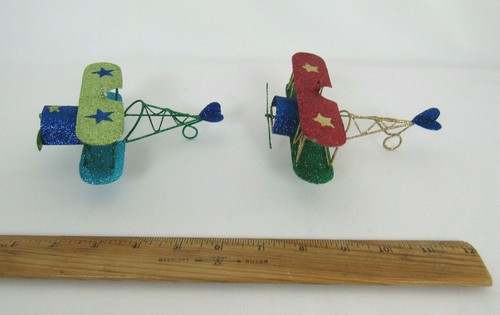PAIR OF 2 VTG 1970s 80s METAL BIPLANE CHRISTMAS TREE ORNAMENTS GLITTER 5 3/8" - Picture 2 of 11