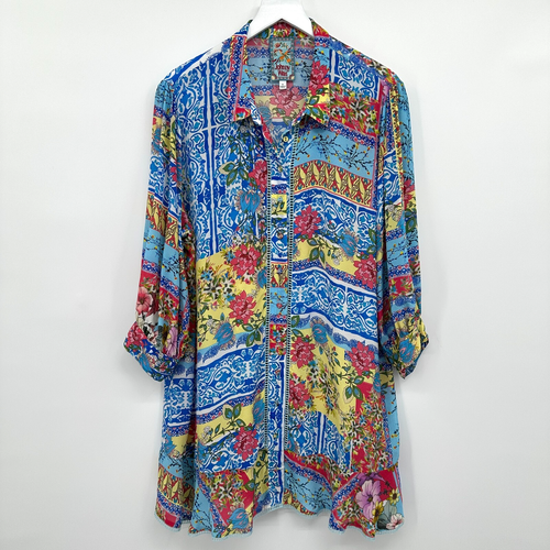 Johnny Was Top Shirt XL Mittsommer Sednea 100% Seide Garten Party Statement Beachy