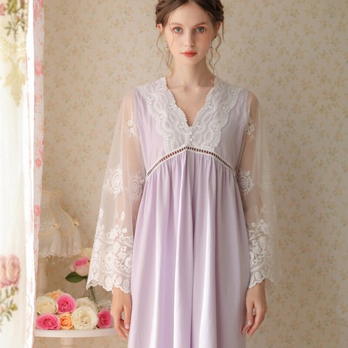 Women Princess V Neck Nightdress Nightgown Sleepwear Lace Mesh Sleeve V Neck - Picture 10 of 15