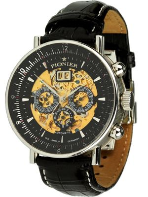 PIONIER SKELETTUHR AUTOMATIKUHR HERRENUHR LEDERUHRBAND schwarze NEU