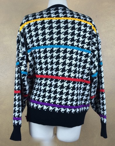Izod Sweater Vintage Houndstooth w Colorful Stripes Acrylic Size M - Picture 4 of 7