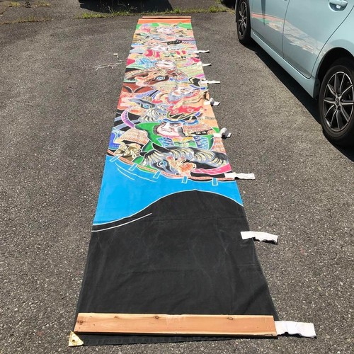 Vintage Japanese Nobori Banner Hand-Painted Samurai Warriors Boro Fabric 189×33i - Picture 1 of 9