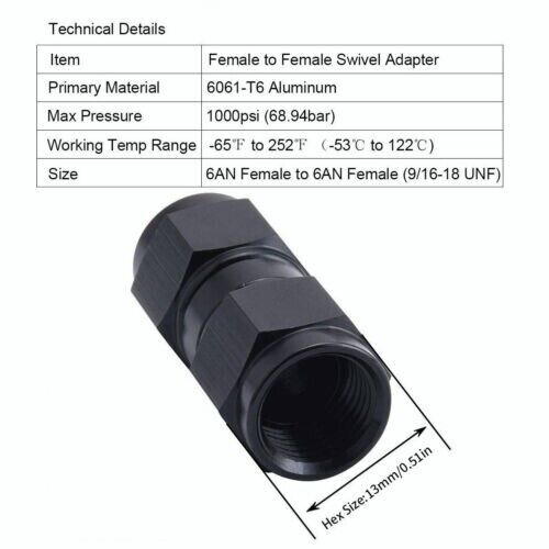 4Pcs Straight Female Swivel Coupler 6AN to 6AN Fitting Black - Bild 6 von 7
