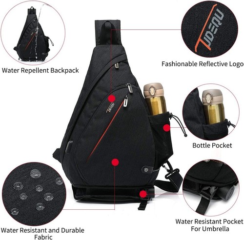Sling Bag 19L Crossbody 8 Pocket Backpack Shoulder Daypack - Black - Picture 11 of 18