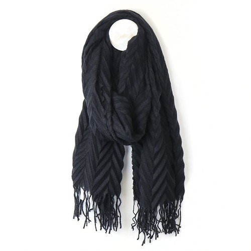 Scarf Women Pleat Scarf Black – Soft Eco Friendly Scarf w Tassel Fringe - Picture 2 of 16