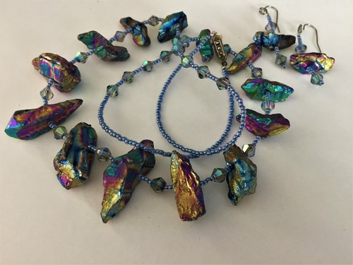 Aurora Borealis Finish Natural Hematite and Crystal Necklace Earring Set - Picture 2 of 8