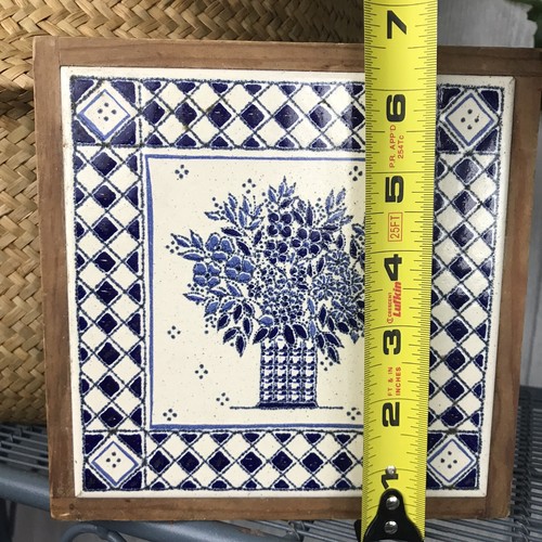 Cleo Teissedre Ceramic Tile Wall Art Trivet Hand Painted Framed Farmhouse Blue - Picture 8 of 8