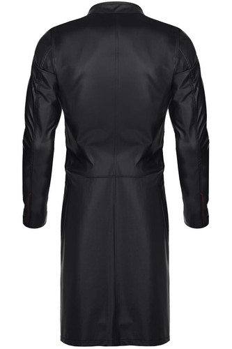 Mens Black Wetlook Midi Coat with Zipper - Picture 8 of 9