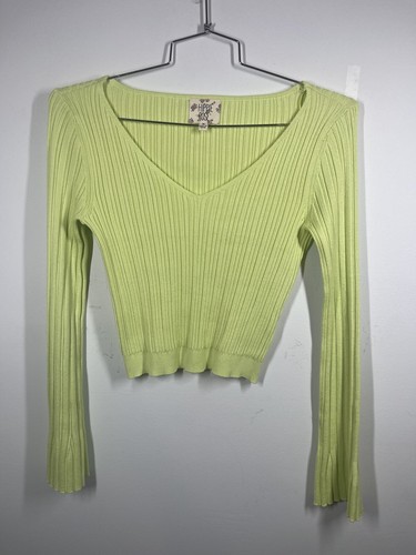 Hippie Rose Women’s Ribbed Cropped V-Neck Bell Sleeve Sweater Y2K Boho Gypsy Fun
